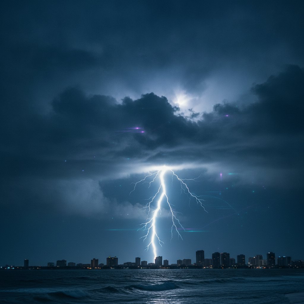 Lightning striking over the Tampa Bay coastline at dusk