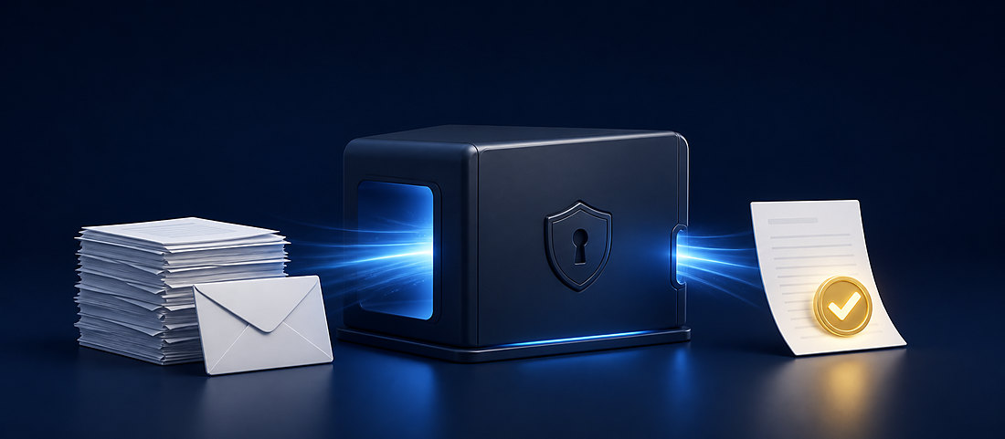 A stack of paperwork passing through a locked private processing vault and coming out the other side as an approved document.