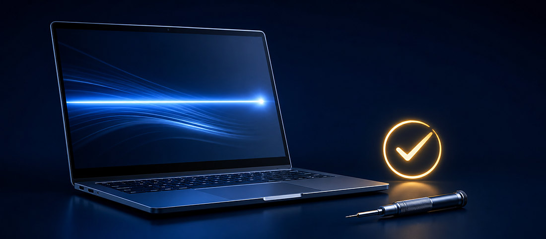 A repaired laptop running again beside a precision screwdriver and a glowing check mark.